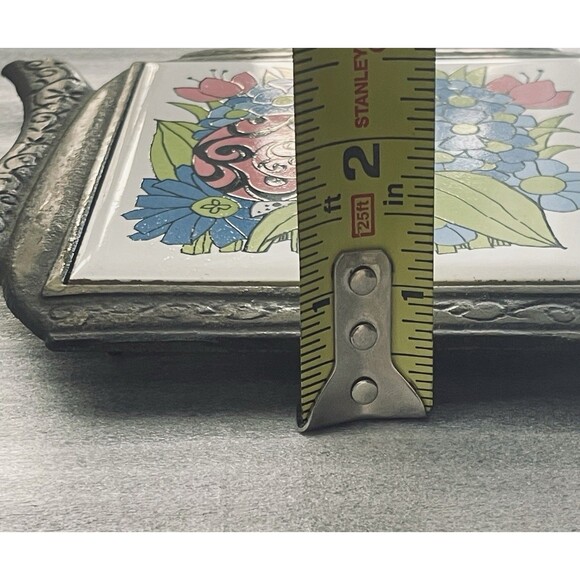 Cherry Brand Metal Teapot Trivet w/Tile Insert Smiling Snail Blue Flowers Japan - Picture 4 of 7